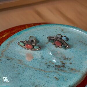 1940s Handcrafted Vintage Native American Sterling, Turquoise, and Coral Earring